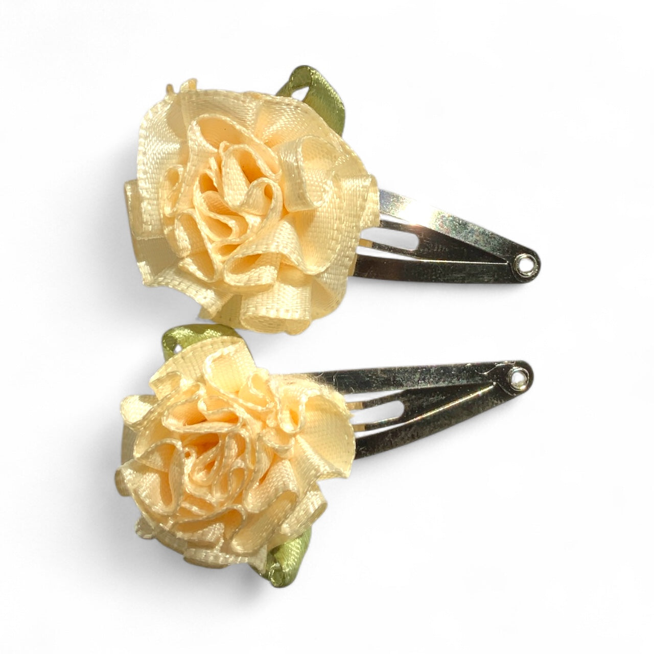 Flower Hair Clips Set of 2 | 25mm Ribbon Rose on Gold or Silver Snap Clips Silver Cream