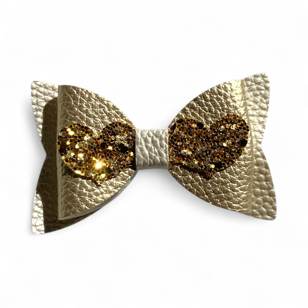 Love Heart Hair Bow PU Leather | 80mm Pebble & Glitter Design Gold