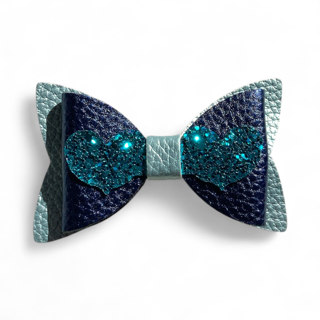 Love Heart Hair Bow PU Leather | 80mm Pebble & Glitter Design Blue