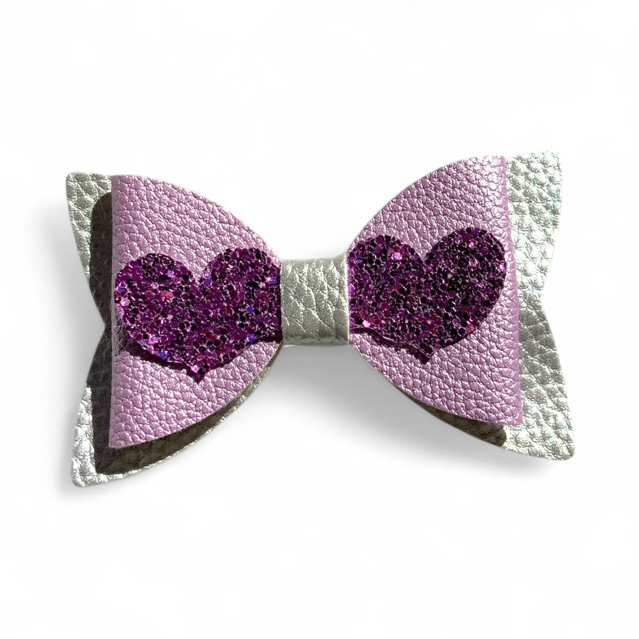 Love Heart Hair Bow PU Leather | 80mm Pebble & Glitter Design Purple