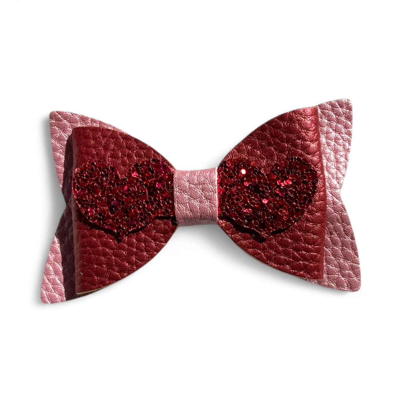 Love Heart Hair Bow PU Leather | 80mm Pebble & Glitter Design Red
