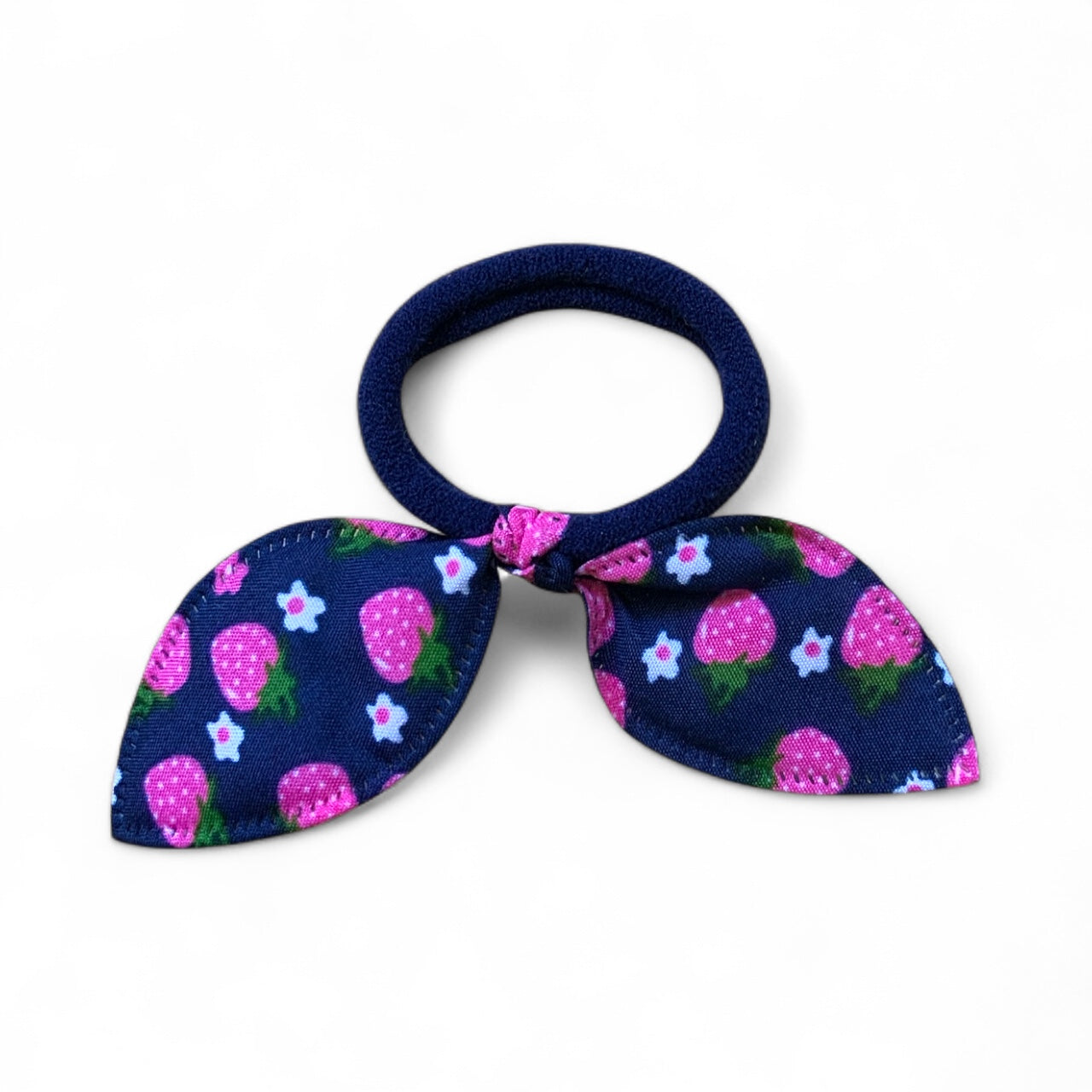 Fabric Bow Hair Ties – 2 Pack Printed Bows on Soft Elastic Bands Navy Strawberries