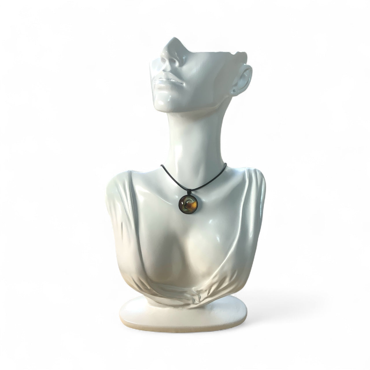 Brown Marble Stone Look Twirl Necklace – 20mm Cabochon Pendant on Black Rope Chain