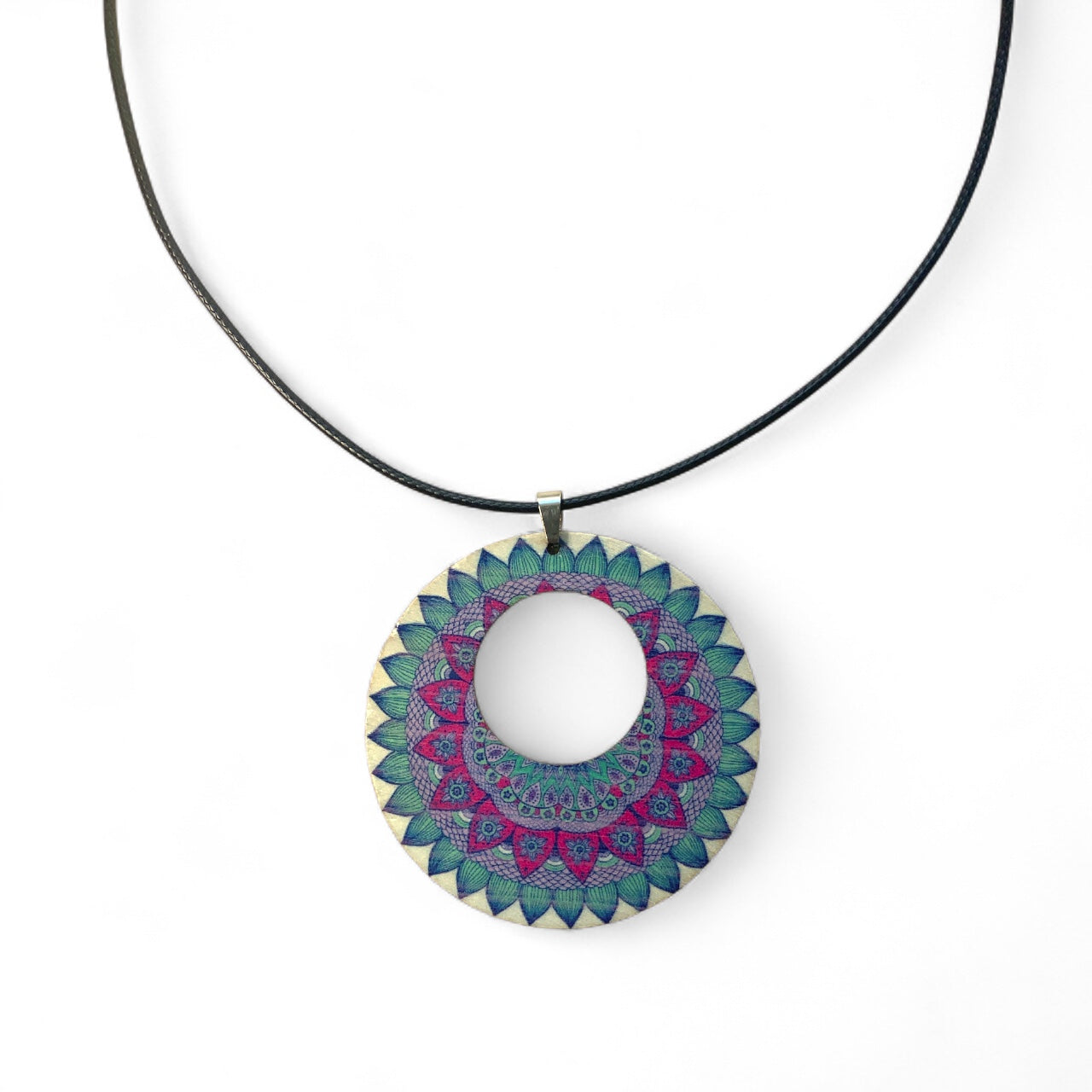 Boho Wooden Pendant Necklace – Printed Design with Black Nylon Chain