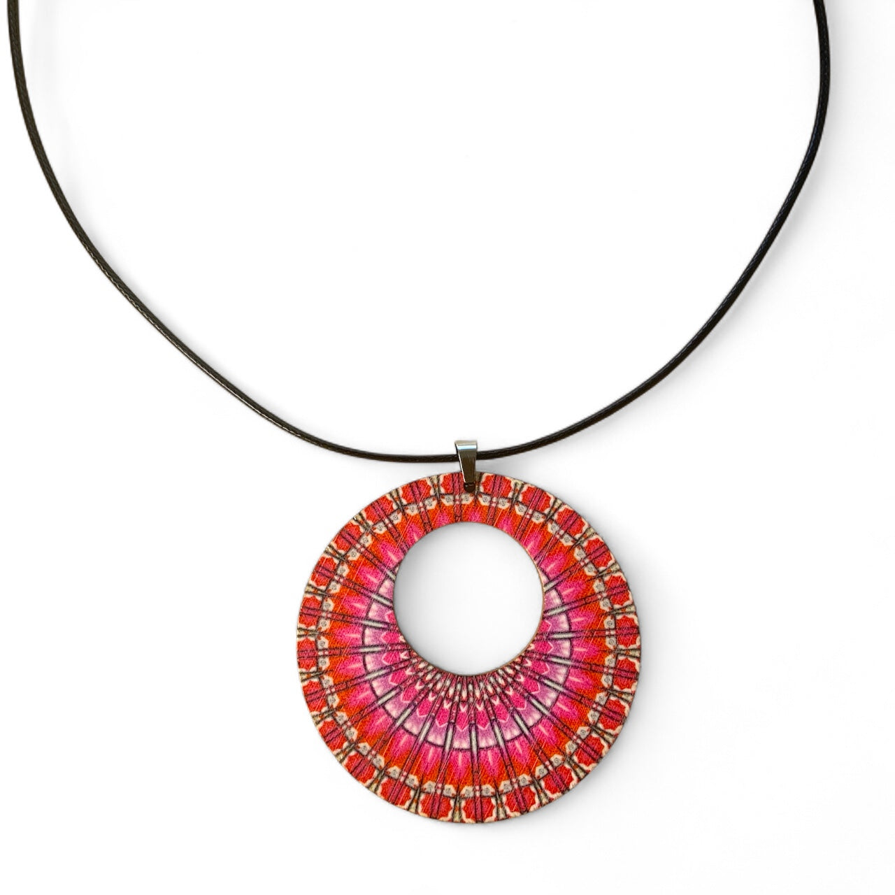 Boho Wooden Pendant Necklace – Printed Design with Black Nylon Chain