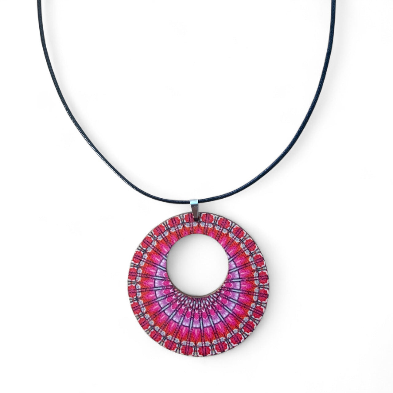 Boho Wooden Pendant Necklace – Printed Design with Black Nylon Chain