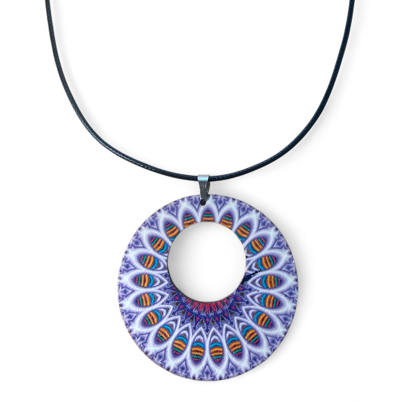 Boho Wooden Pendant Necklace – Printed Design with Black Nylon Chain