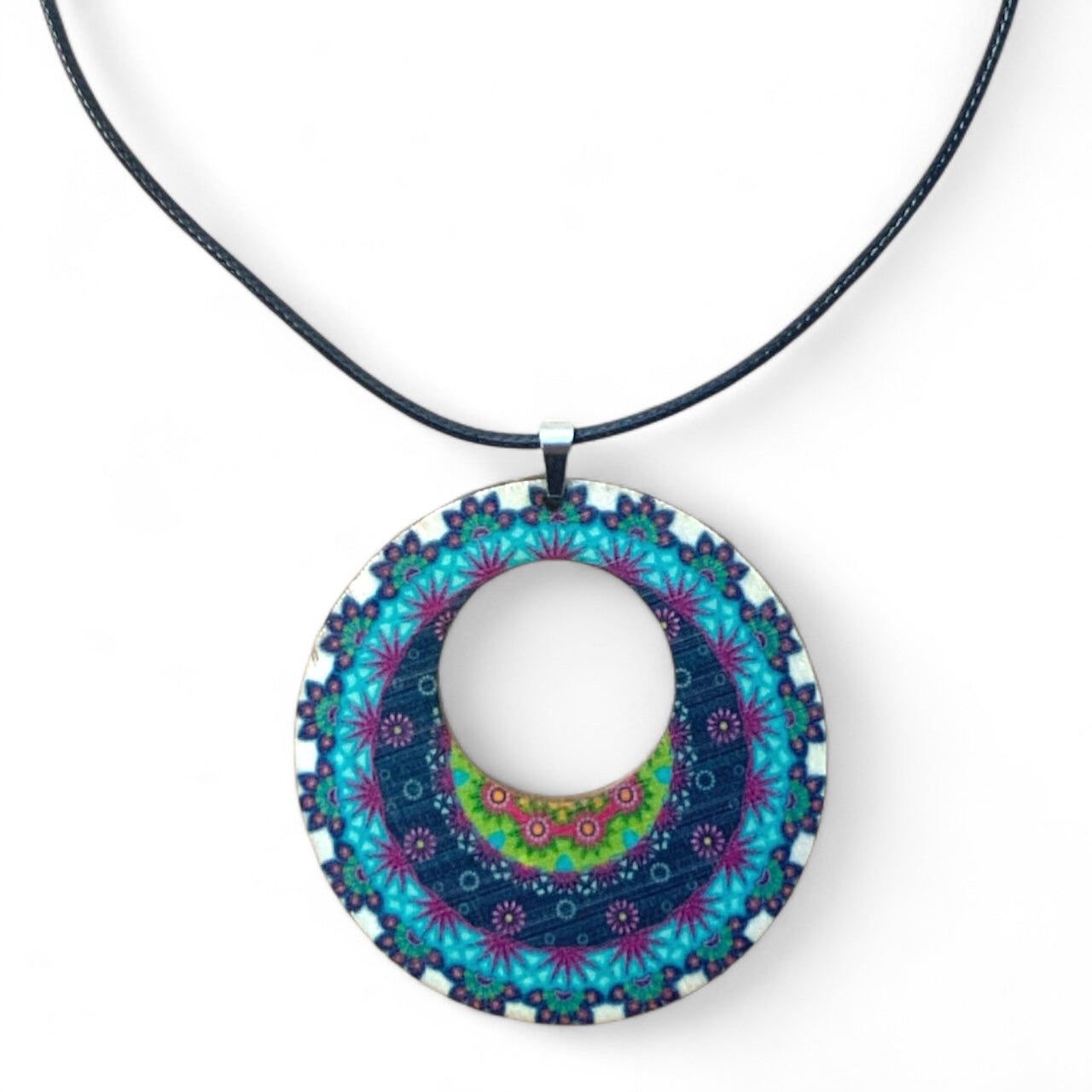 Boho Wooden Pendant Necklace – Printed Design with Black Nylon Chain