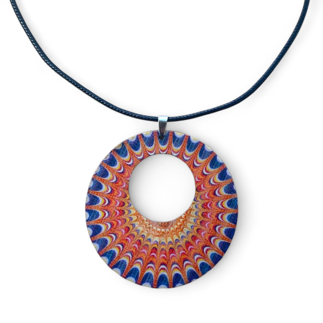 Boho Wooden Pendant Necklace – Printed Design with Black Nylon Chain