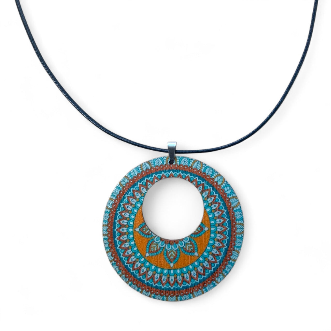 Boho Wooden Pendant Necklace – Printed Design with Black Nylon Chain