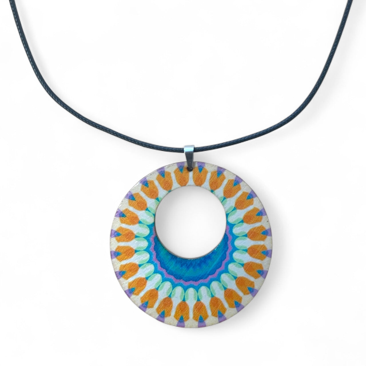 Boho Wooden Pendant Necklace – Printed Design with Black Nylon Chain