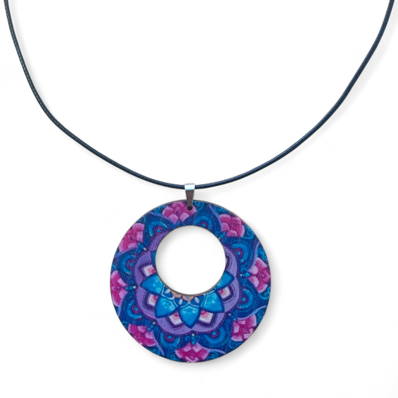Boho Wooden Pendant Necklace – Printed Design with Black Nylon Chain