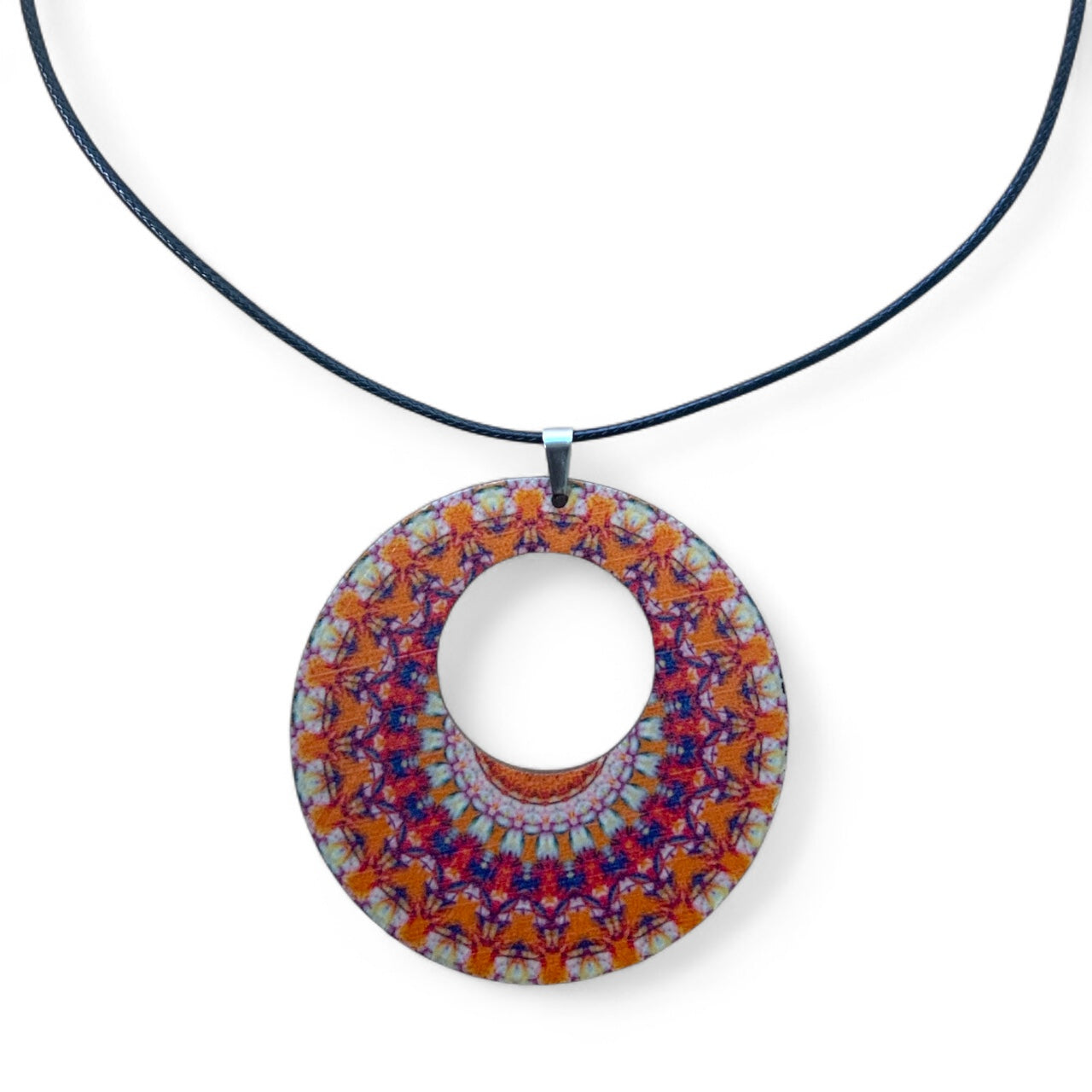 Boho Wooden Pendant Necklace – Printed Design with Black Nylon Chain