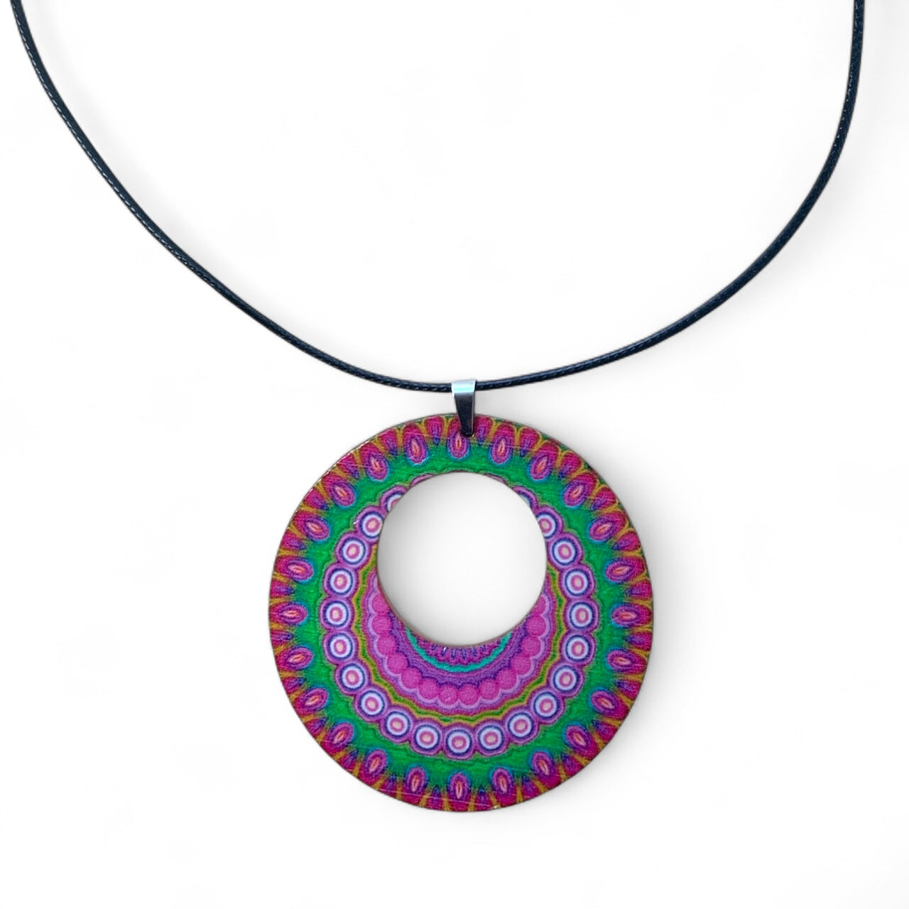 Boho Wooden Pendant Necklace – Printed Design with Black Nylon Chain