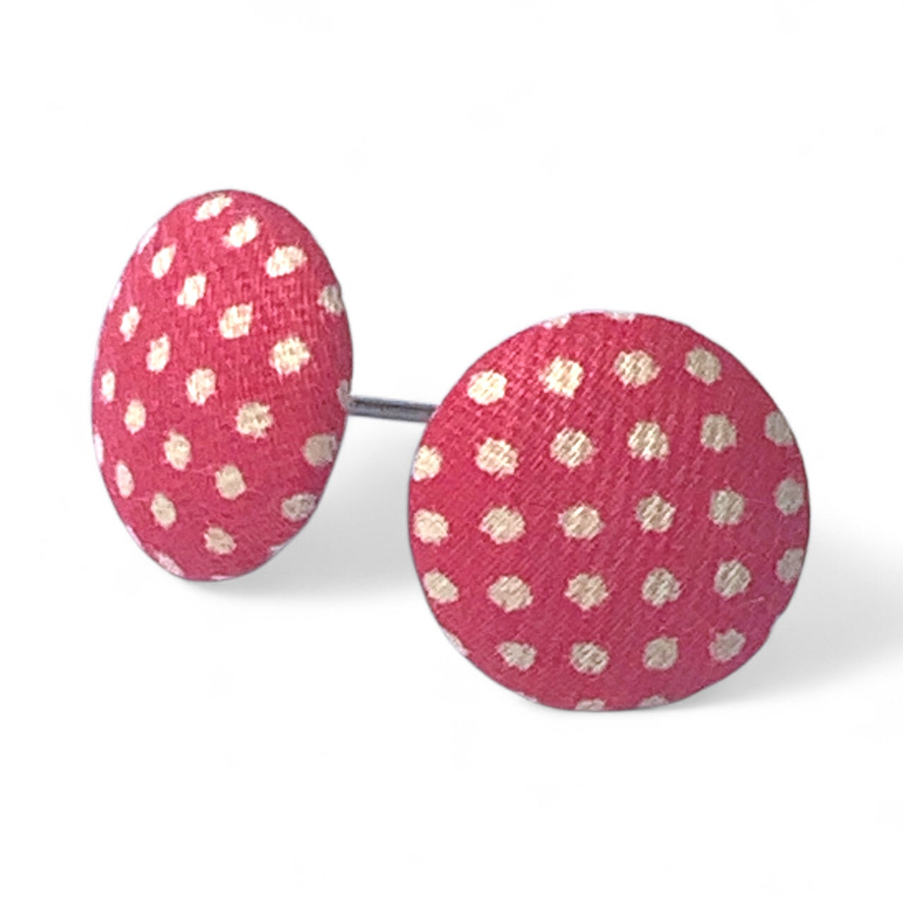 Polka Dot Fabric Button Stud Earrings 12mm Stainless Steel Handmade Colourful Jewellery Pink White