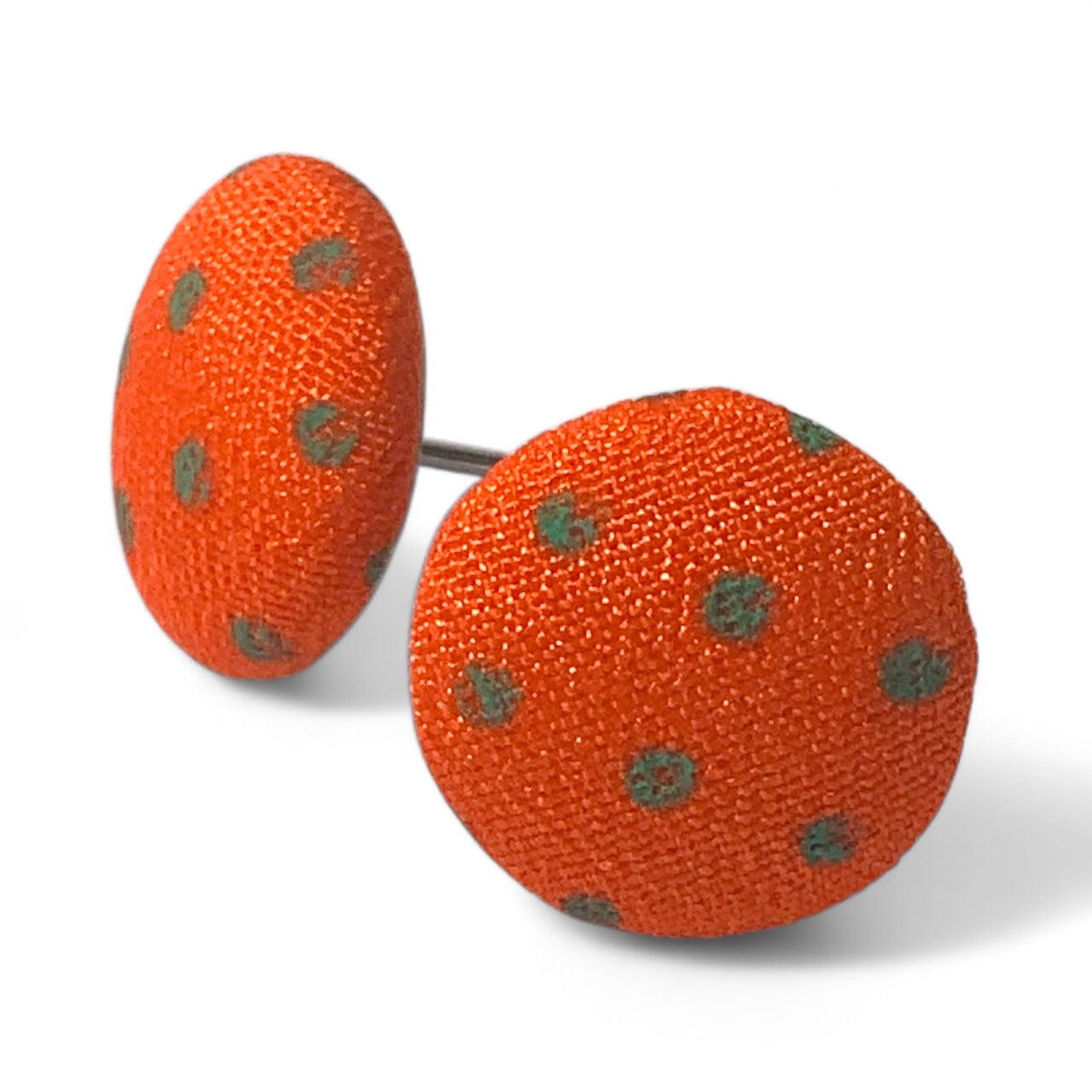 Polka Dot Fabric Button Stud Earrings 12mm Stainless Steel Handmade Colourful Jewellery Orange Green
