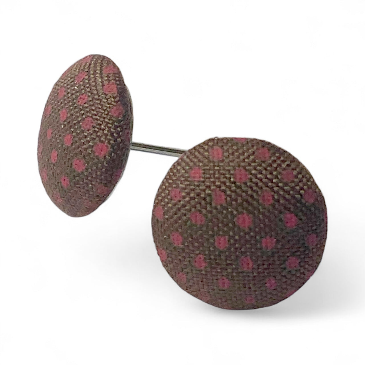 Polka Dot Fabric Button Stud Earrings 12mm Stainless Steel Handmade Colourful Jewellery Brown Pink