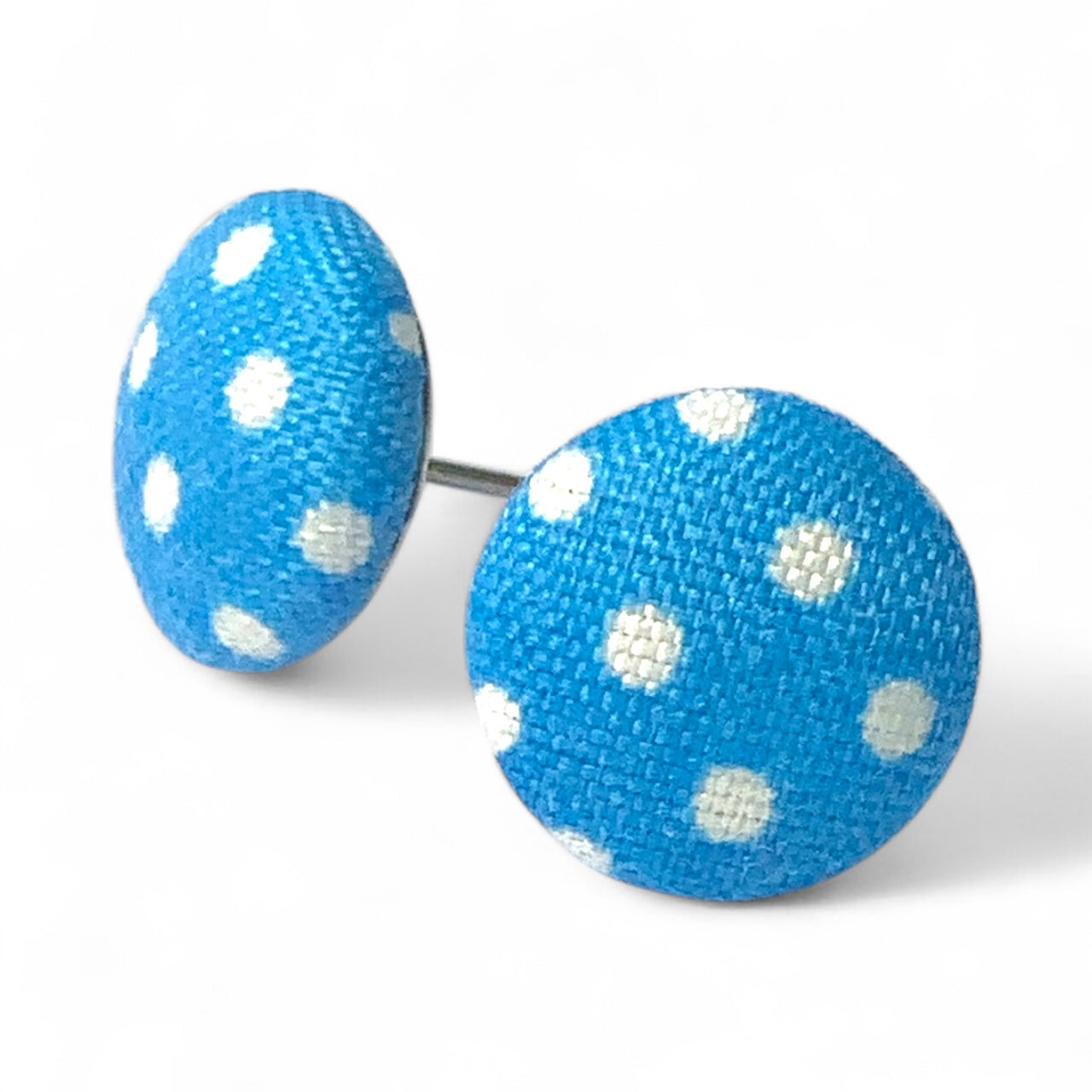Polka Dot Fabric Button Stud Earrings 12mm Stainless Steel Handmade Colourful Jewellery Blue White