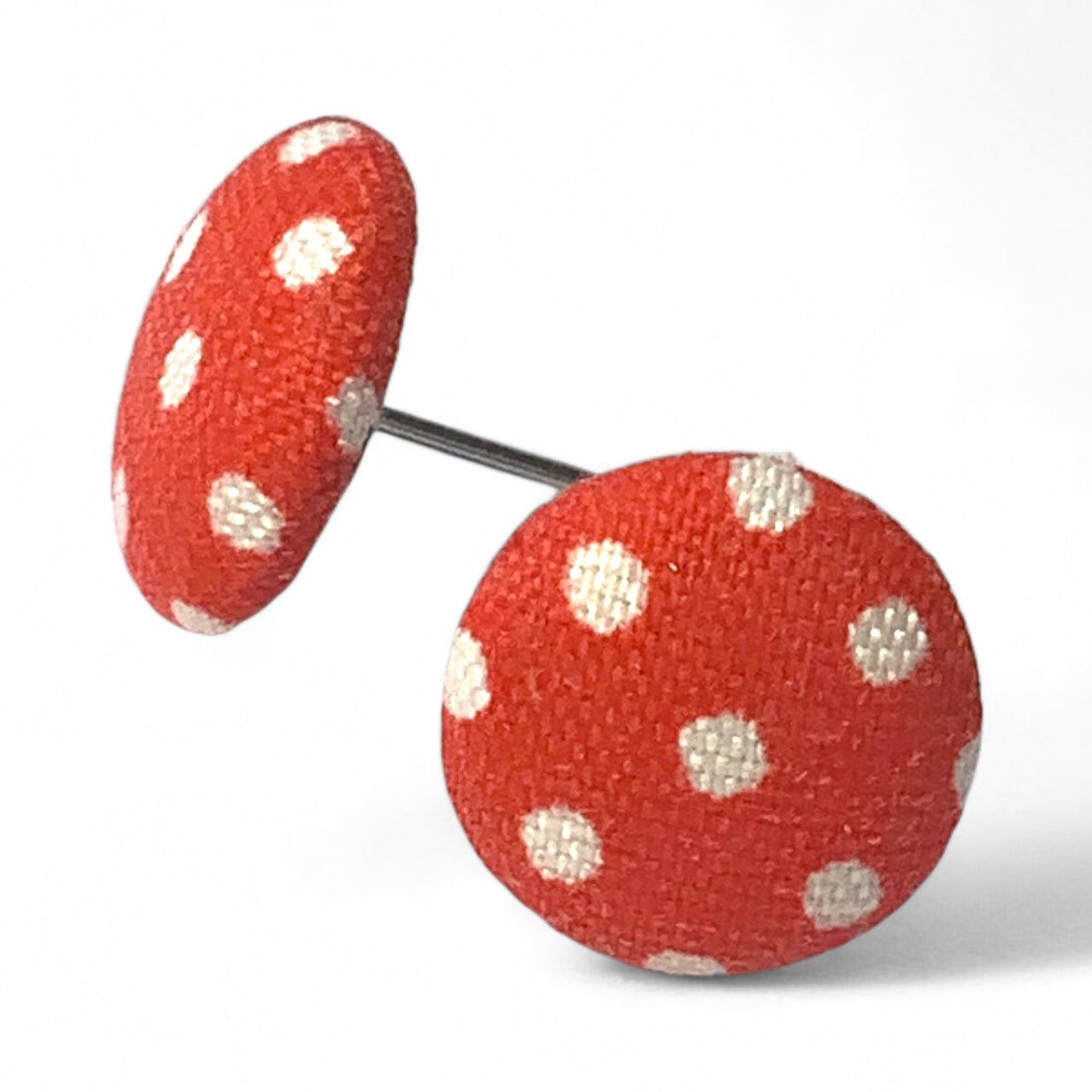 Polka Dot Fabric Button Stud Earrings 12mm Stainless Steel Handmade Colourful Jewellery Red White
