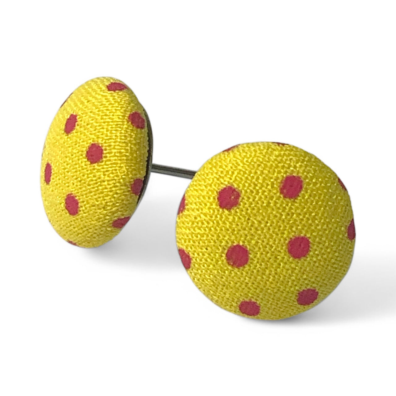 Polka Dot Fabric Button Stud Earrings 12mm Stainless Steel Handmade Colourful Jewellery Yellow Pink