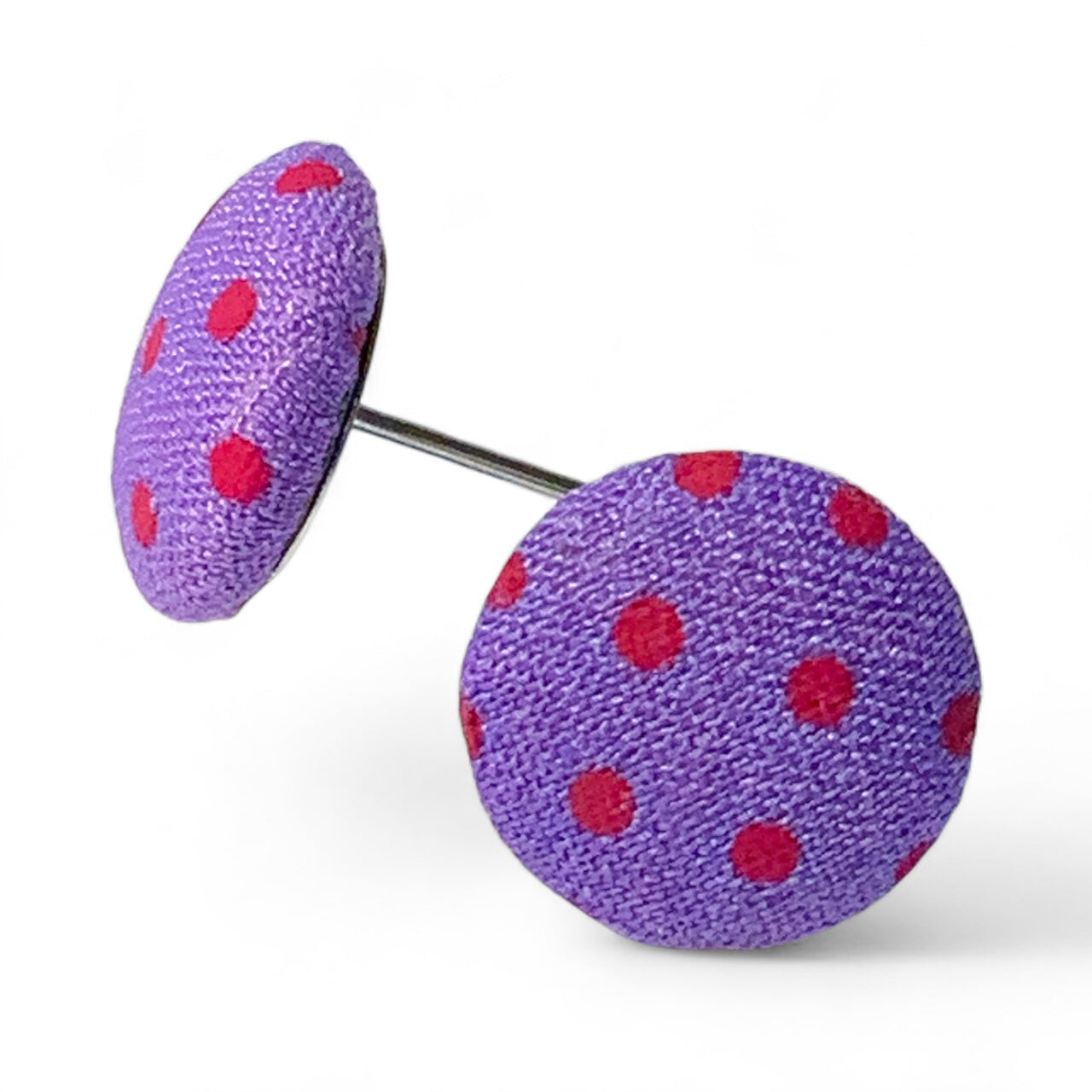 Polka Dot Fabric Button Stud Earrings 12mm Stainless Steel Handmade Colourful Jewellery Purple Red