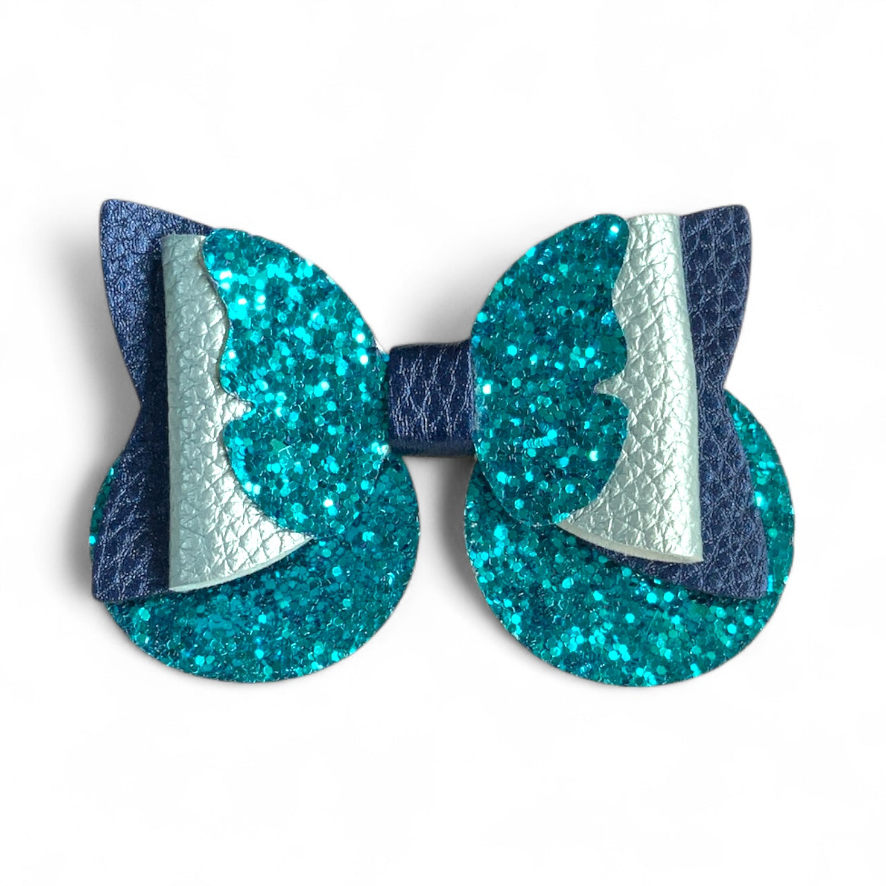 Butterfly Hair Bow PU Leather | 85mm Pebble & Glitter Design with 60mm Alligator Clip Blue