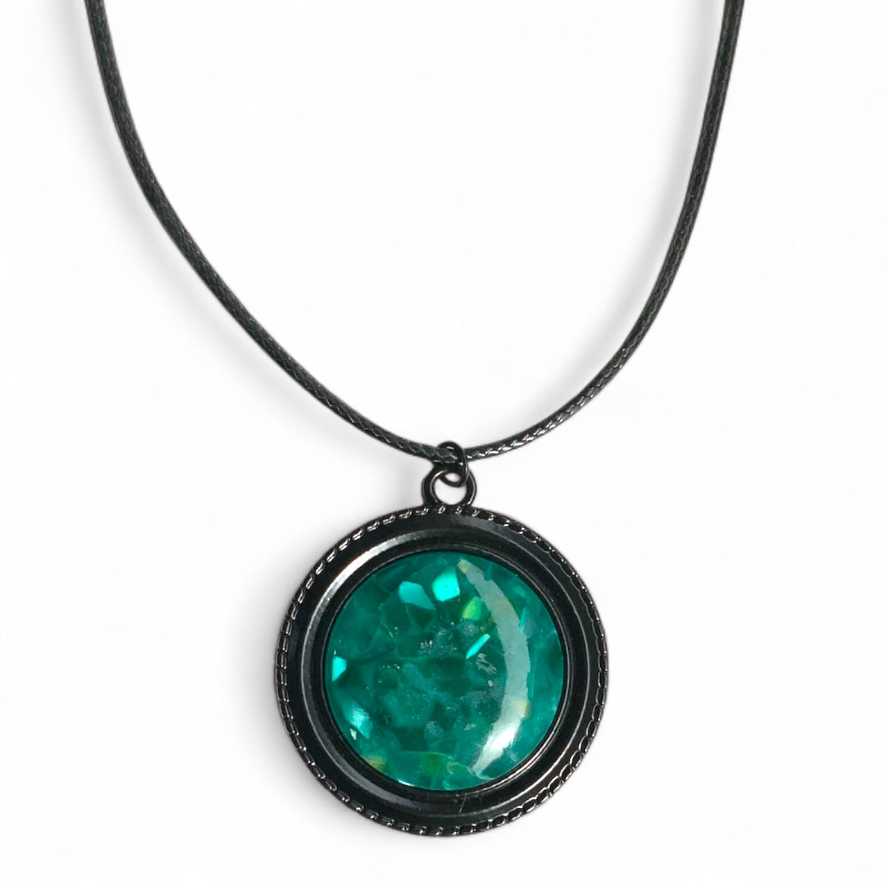 Malachite Style Resin Dome Necklace – 25mm Pendant on Black Rope Chain
