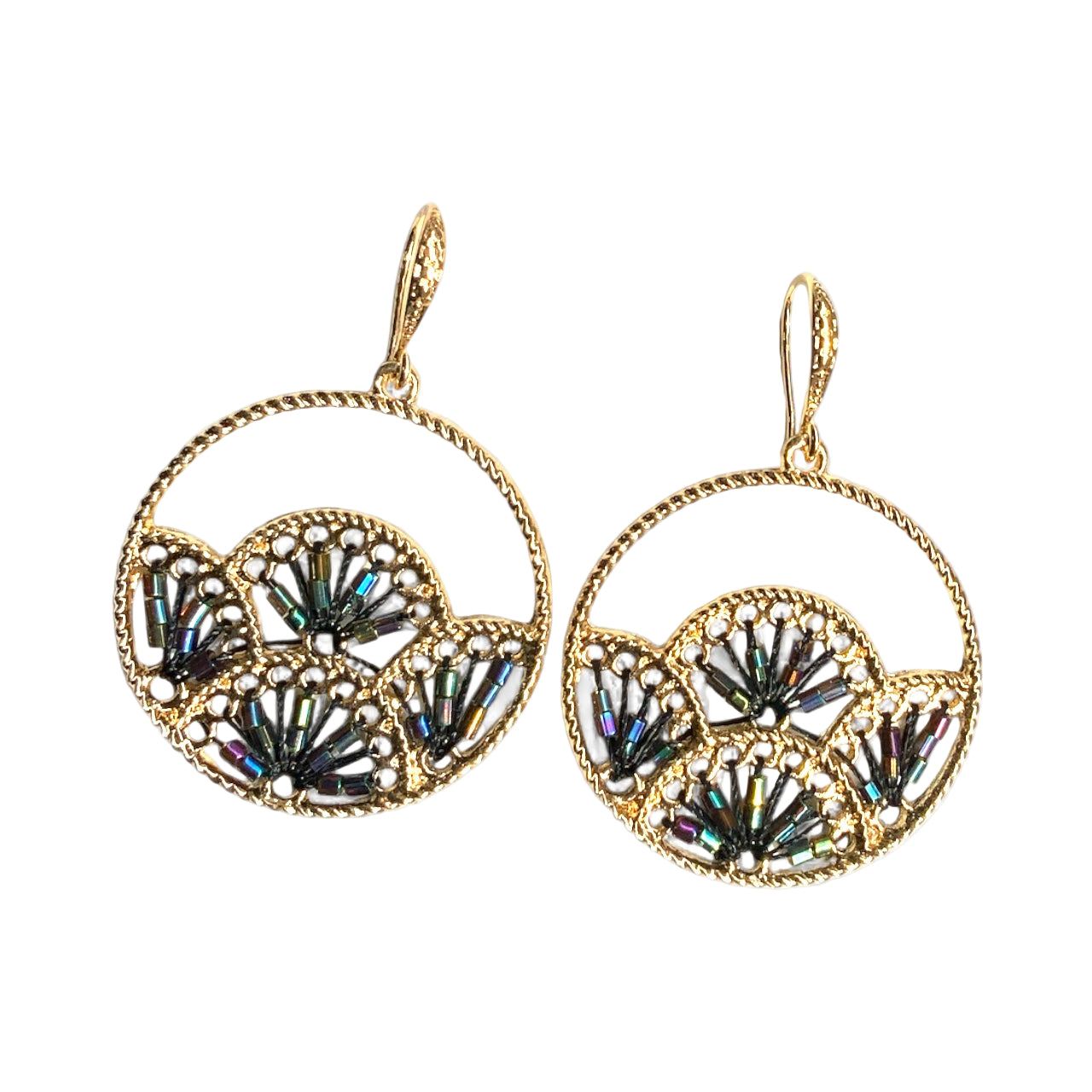 Woven Fan Earrings with Black AB Seed Beads