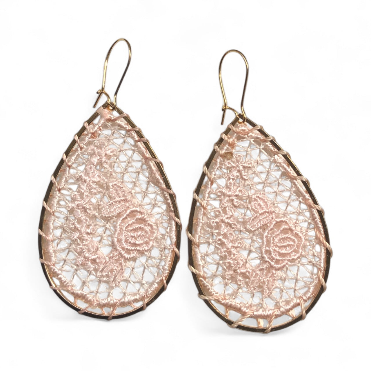 Pink Lace Woven Flower Gold Teardrop Earrings