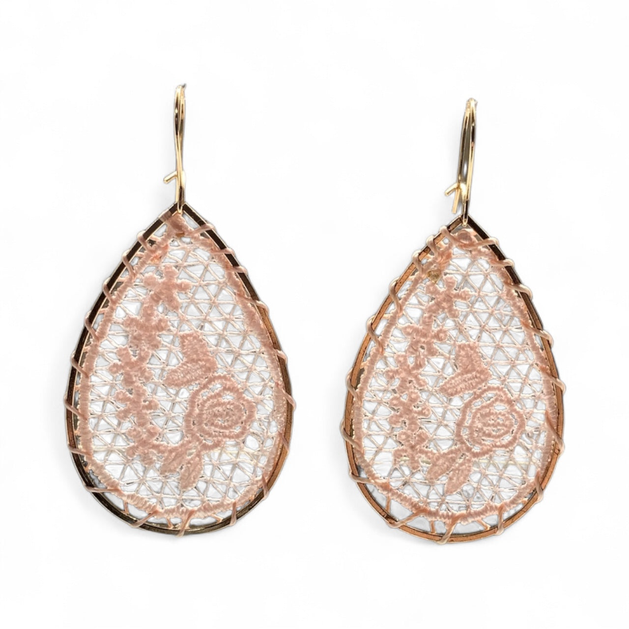 Pink Lace Woven Flower Gold Teardrop Earrings