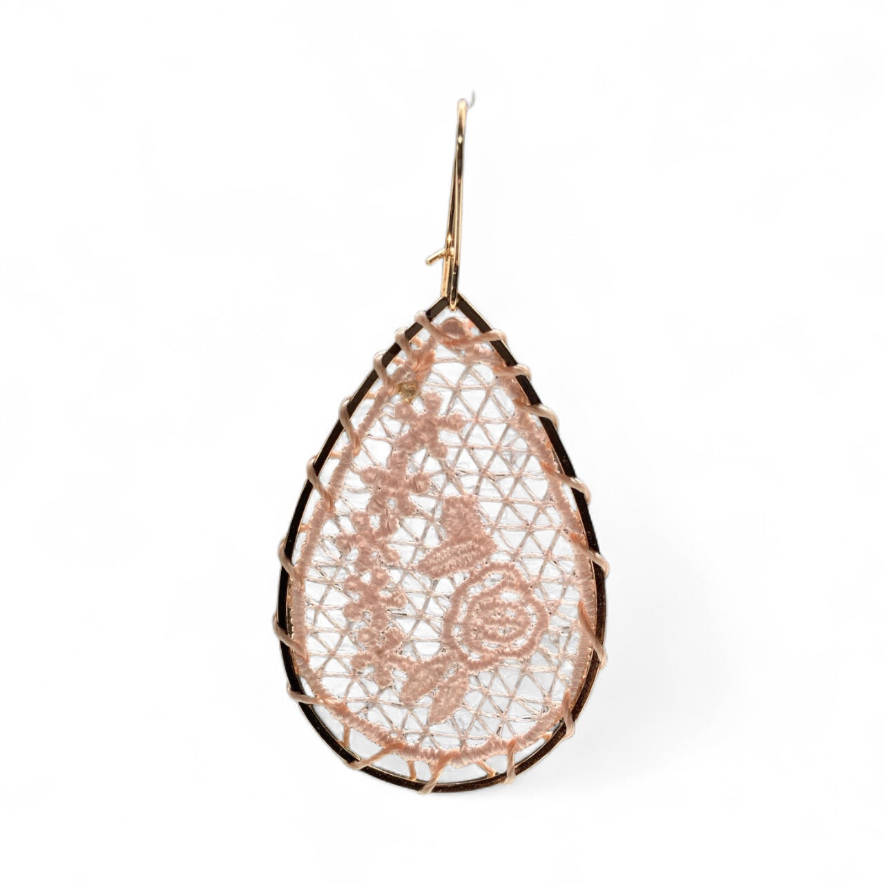 Pink Lace Woven Flower Gold Teardrop Earrings