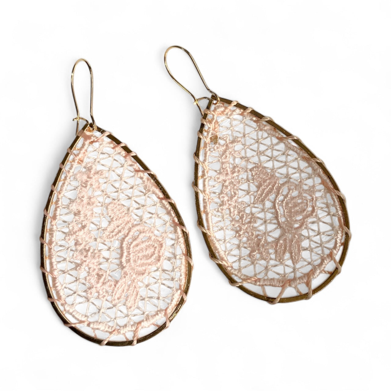 Pink Lace Woven Flower Gold Teardrop Earrings