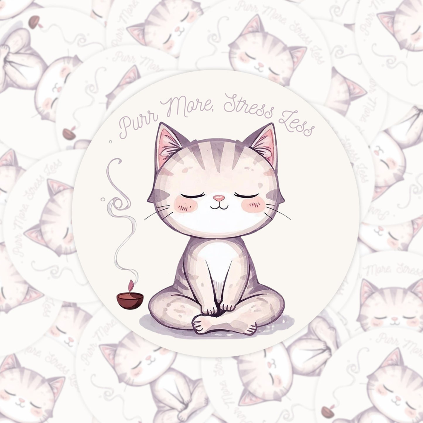 Purr More Stress Less Meditating Cat | Mindfulness | White Gloss Vinyl | Die-Cut Sticker