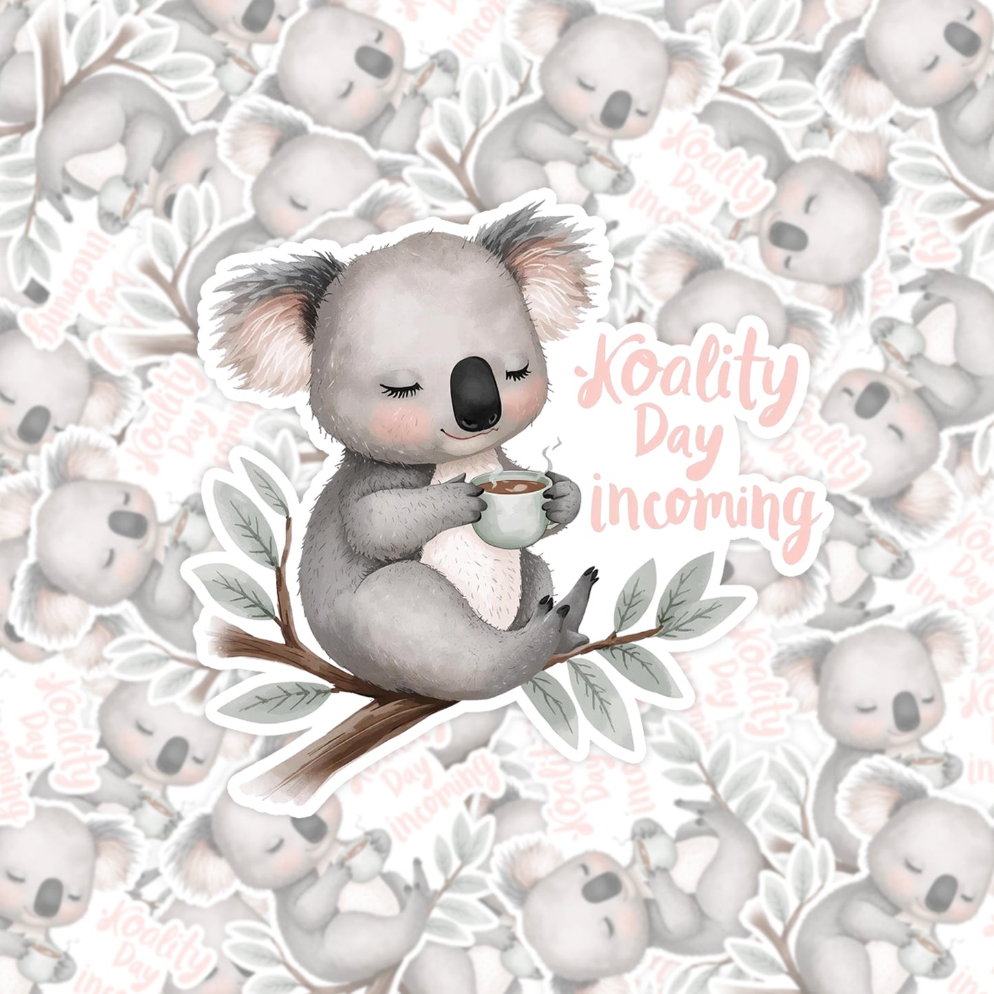 Koality Day Incoming Koala Coffee | Cozy Aussie | White Gloss Vinyl | Die-Cut Sticker
