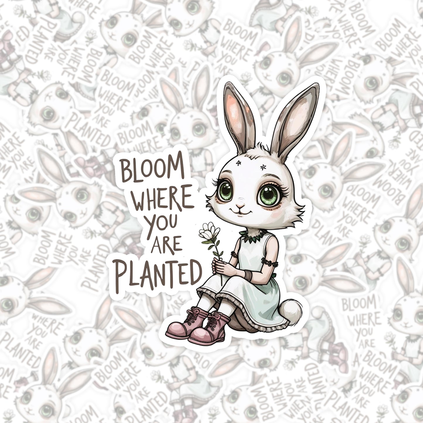 Bloom Where You Are Planted Bunny | Positive | White Gloss Vinyl | Die-Cut Sticker