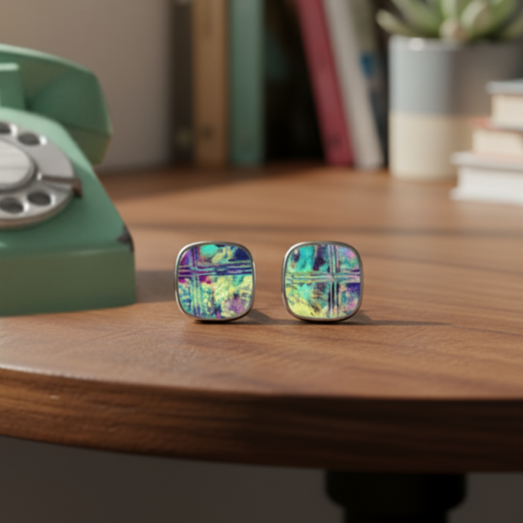 Colourful Printed Square Stud Earrings – 23mm Handmade on Stainless Steel Base