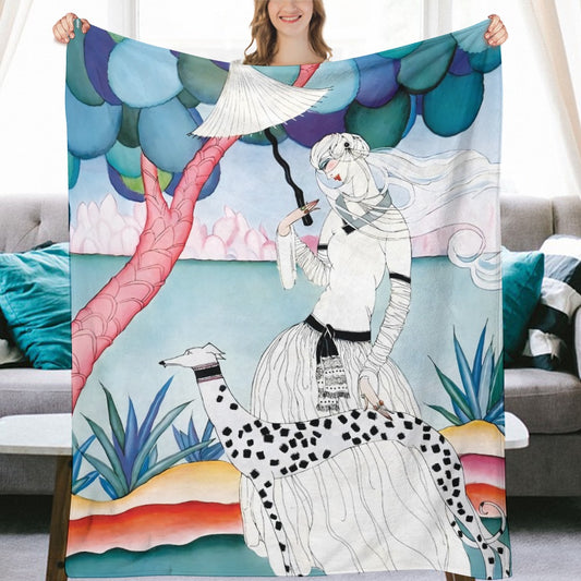 Gentle Companionship Flannel Throw Blanket, Vintage Lady & Dog Art 70" x 80"