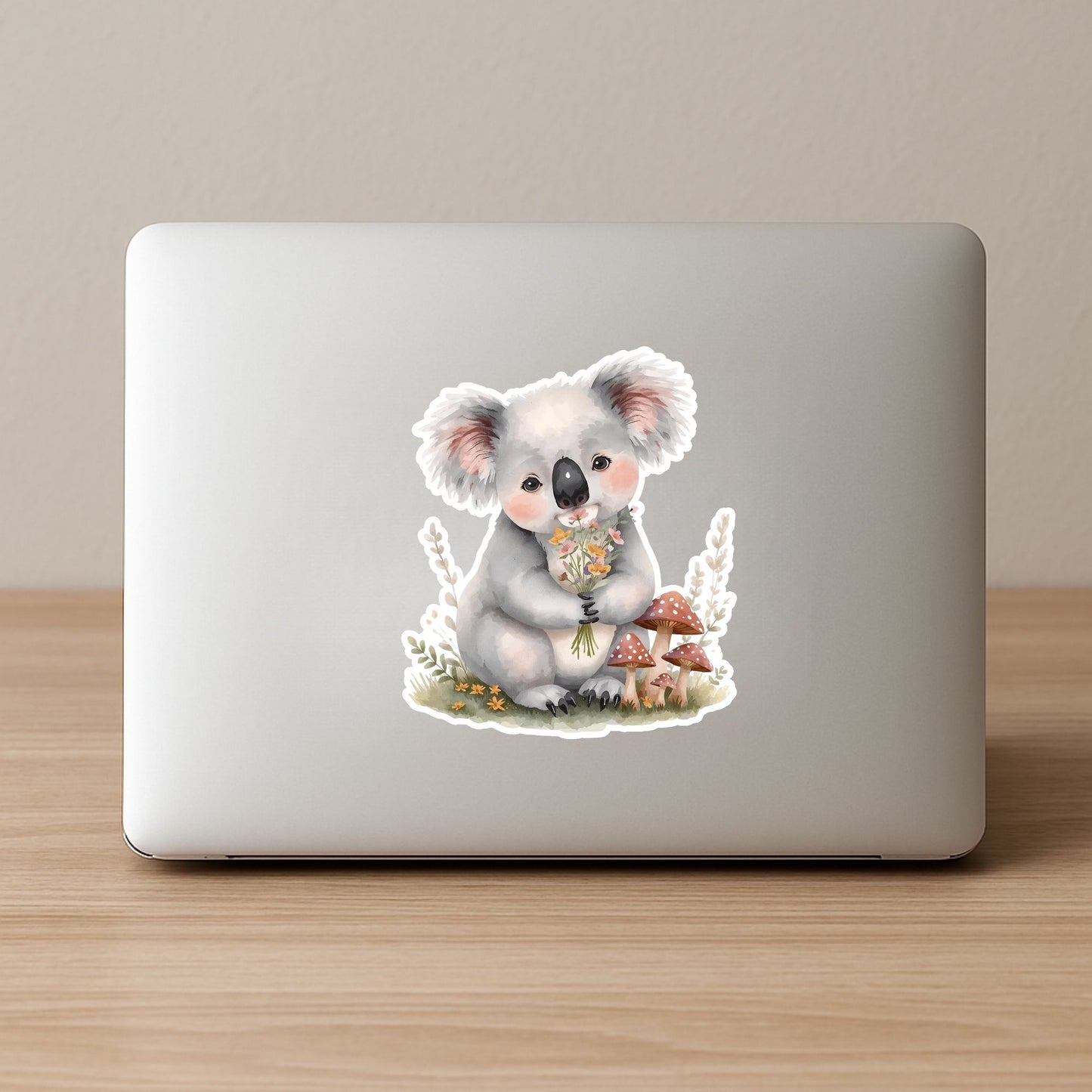 Koala with Flowers Floral Bouquet | Cottagecore | White Vinyl | Die-Cut Sticker
