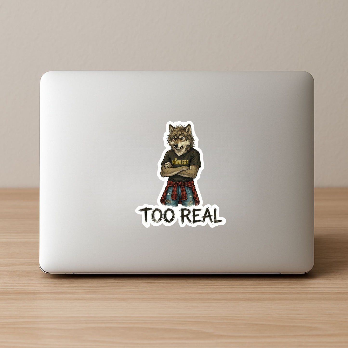 Too Real Grunge Wolf | Edgy Aesthetic | White Vinyl | Die-Cut Sticker