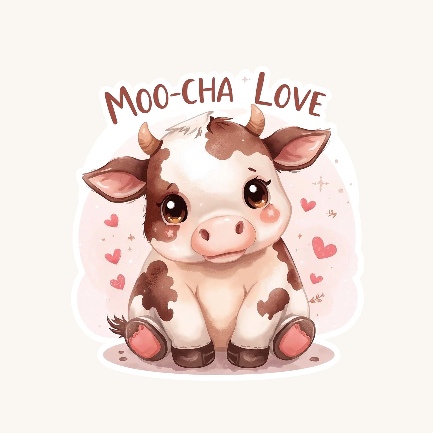 Moo-Cha Love Baby Cow | Kawaii Animal | White Vinyl | Die-Cut Sticker