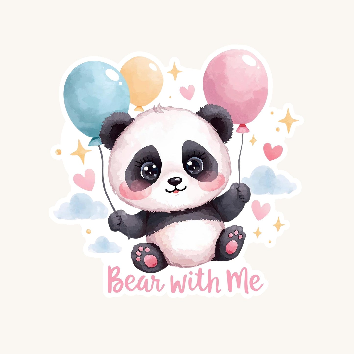 Bear With Me Balloon Panda | Kawaii Animal | White Vinyl | Die-Cut Sticker