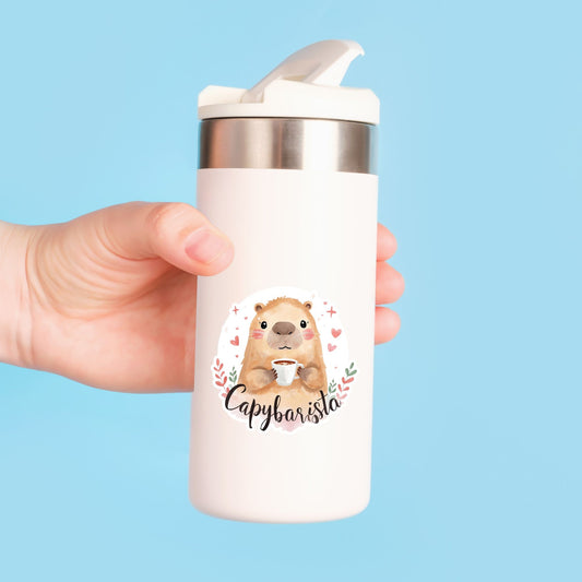 Capybarista Coffee Capybara | Kawaii Animal | White Vinyl | Die-Cut Sticker
