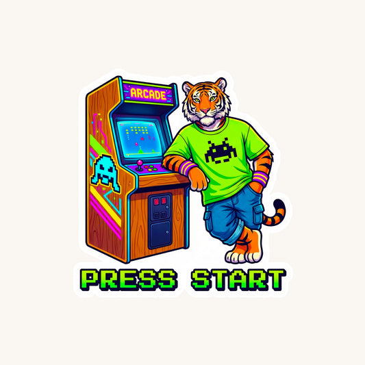 Press Start Arcade Tiger | 90s Gamer | White Vinyl | Die-Cut Sticker