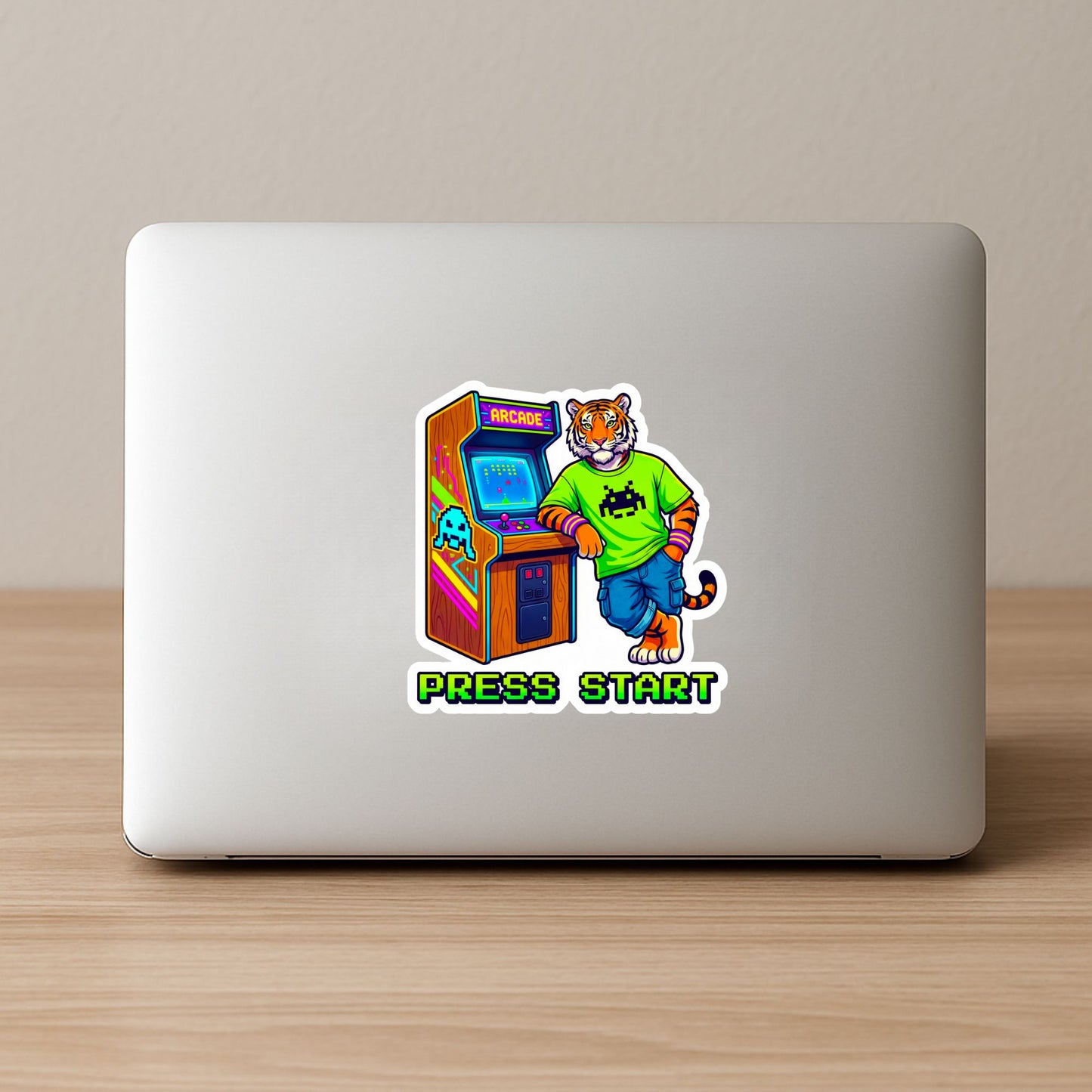 Press Start Arcade Tiger | 90s Gamer | White Vinyl | Die-Cut Sticker