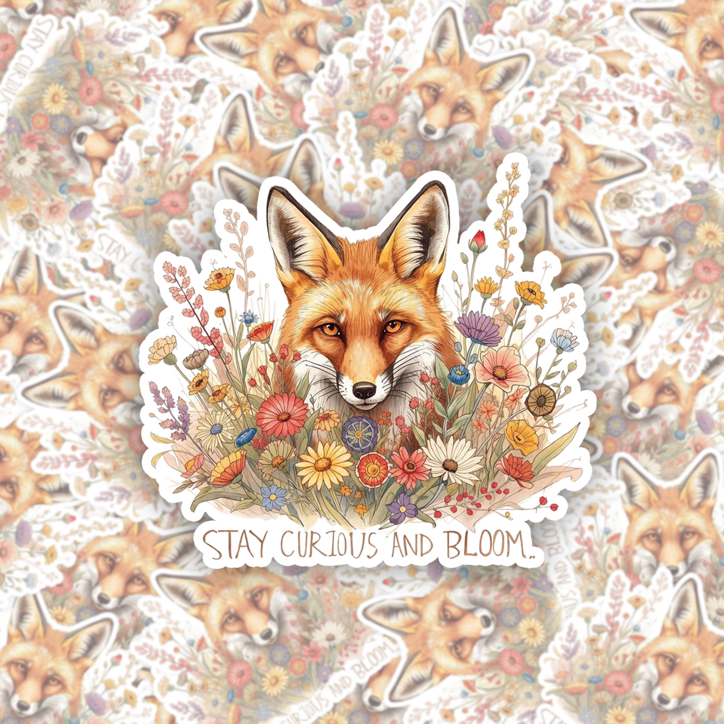 Stay Curious Fox in Wildflowers | Nature | White Gloss Vinyl | Die-Cut Sticker