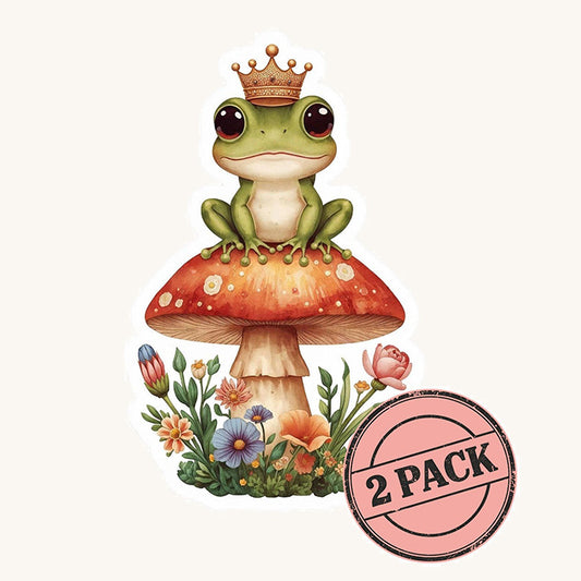 Frog Prince on Toadstool 2-Pack | Cottagecore | White Satin Vinyl | Kiss-Cut Sticker