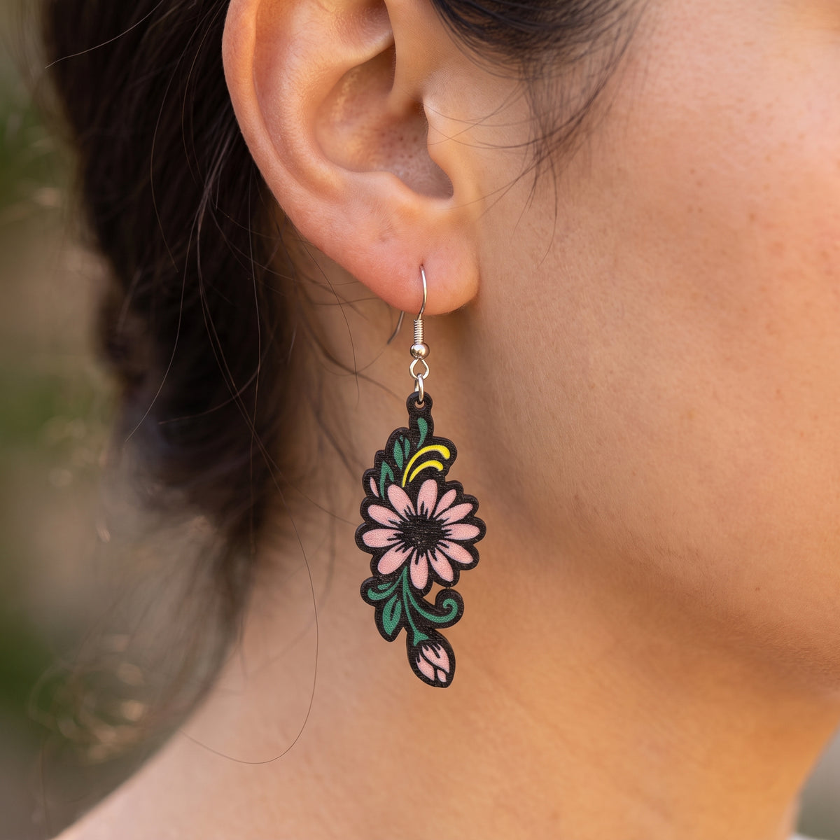 Pink Daisy Floral Dangle Earrings | Lightweight PLA Drop Earrings | 60mm