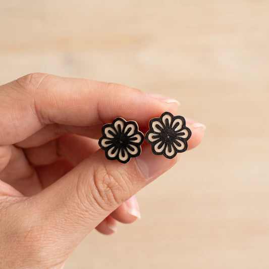 Black and Nude Flower Stud Earrings | Lightweight PLA Studs | 20mm