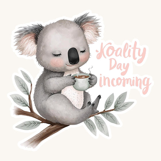Koality Day Incoming Koala Coffee | Cozy Aussie | White Gloss Vinyl | Die-Cut Sticker
