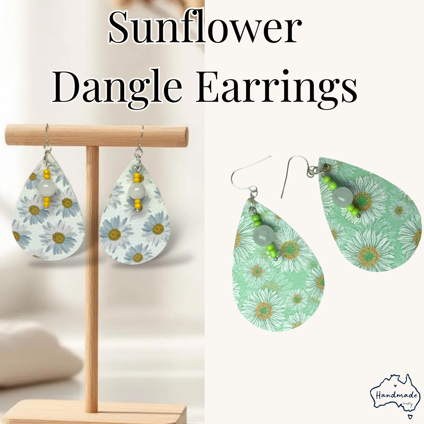 Handmade Sunflower Teardrop Earrings – Lightweight Faux Leather Dangles with Silver Hooks